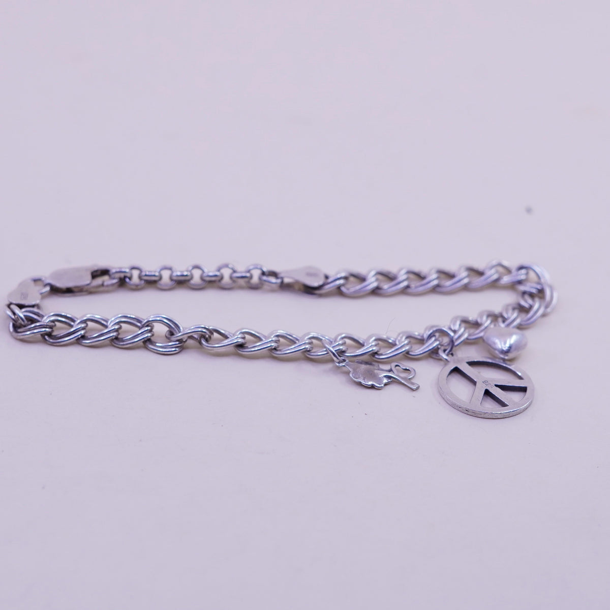 7+1”, sterling 925 silver double curb bracelet CND peace heart flower charms