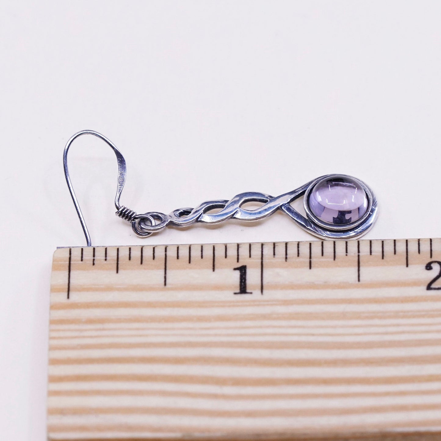 Vintage sterling silver handmade earrings, 925 twisted drops with amethyst