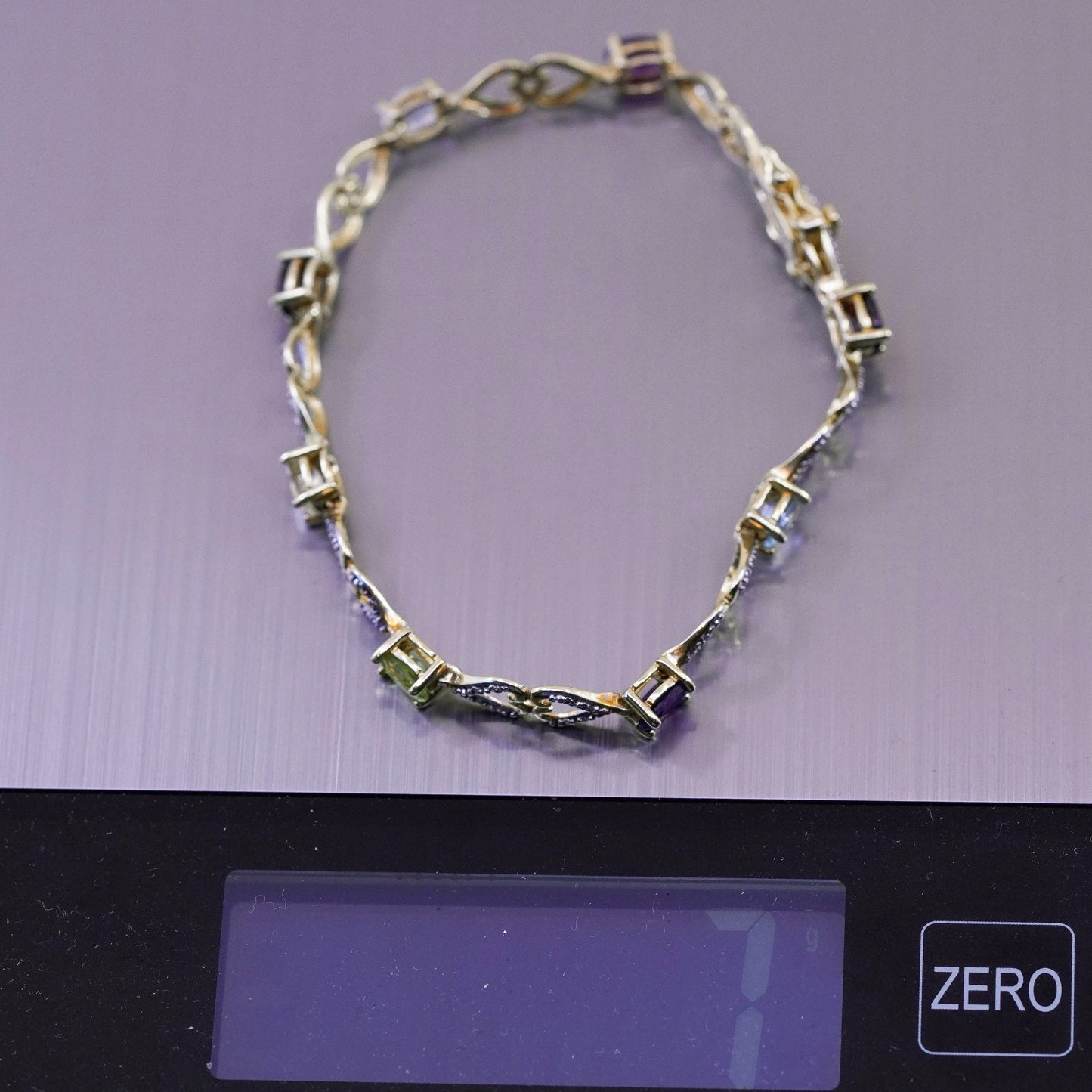 7.25”, vermeil gold sterling silver bracelet, 925 tennis chain peridot citrine