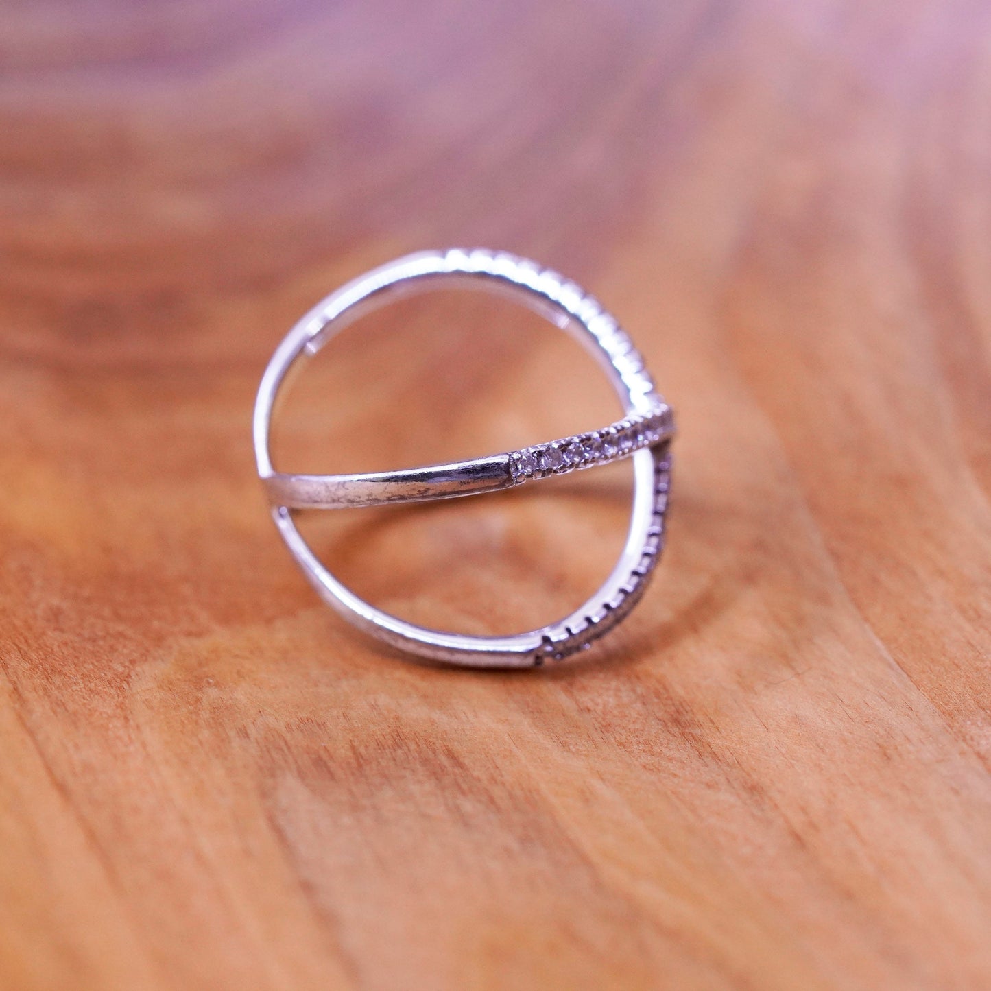Size 9, vintage Sterling silver handmade ring, 925 cross band with cz