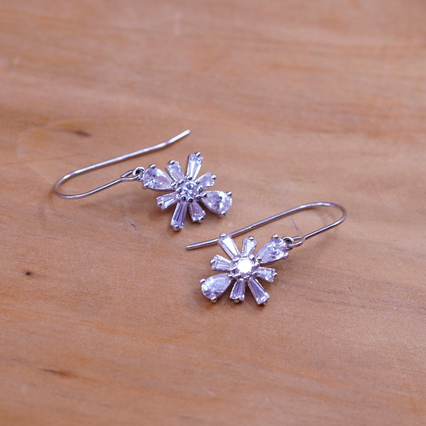 Vintage Sterling silver handmade earrings, 925 snowflake drops with cz