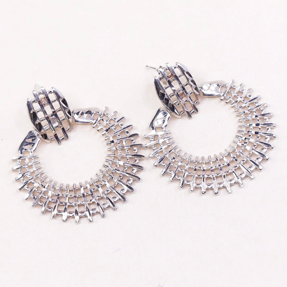 sterling 925 silver handmade earrings big circles dangle, stamped 925 NF