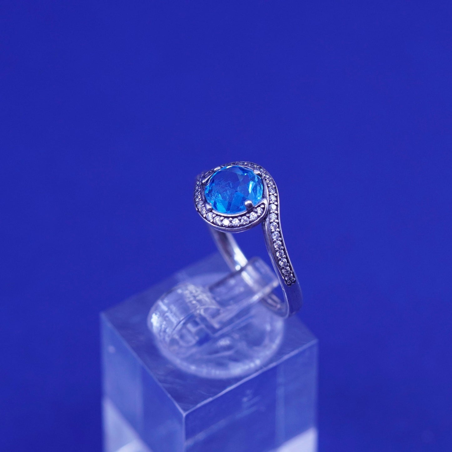 Size 7.25, vintage ALE sterling 925 silver engagement ring with blue cz