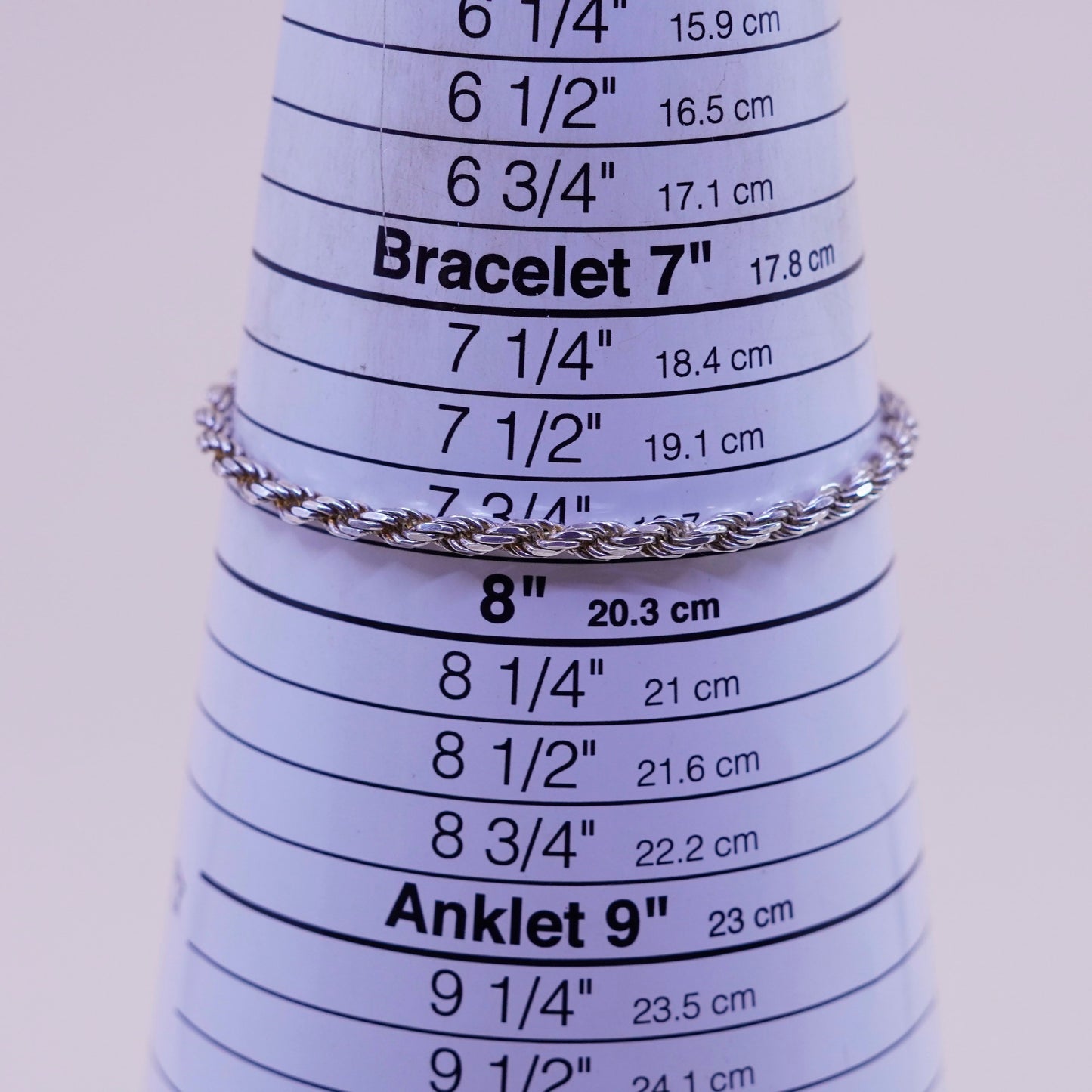 7.75”, 3mm, Vintage sterling 925 silver Italy rope chain bracelet