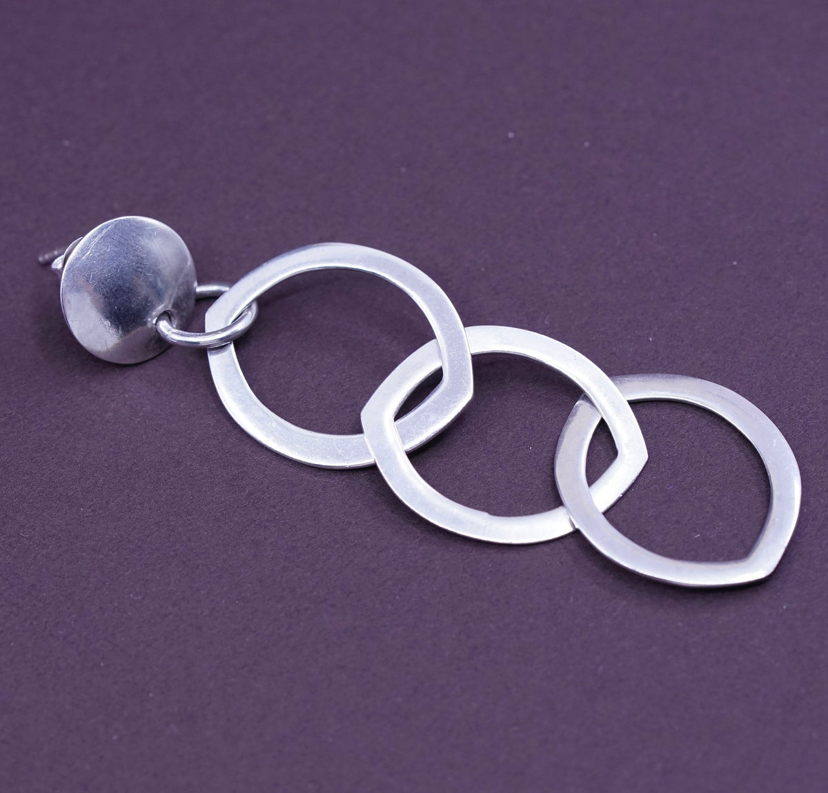 Vintage Sterling silver handmade earrings, Modern 925 flatten entwined circle
