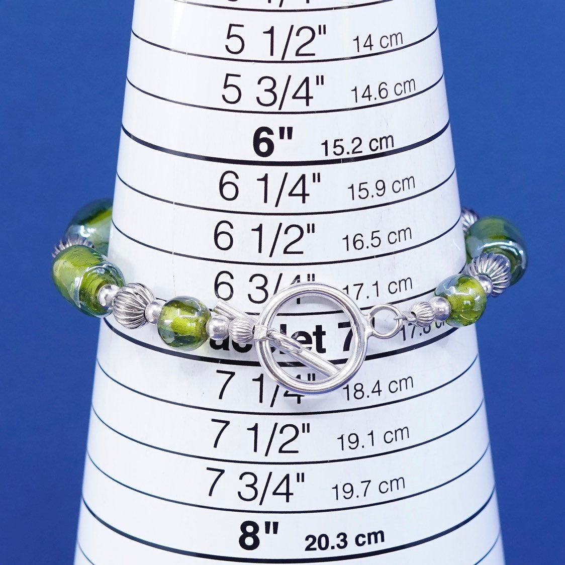 7", handmade sterling silver bracelet, 925 toggle closure w/ foiled glass beads