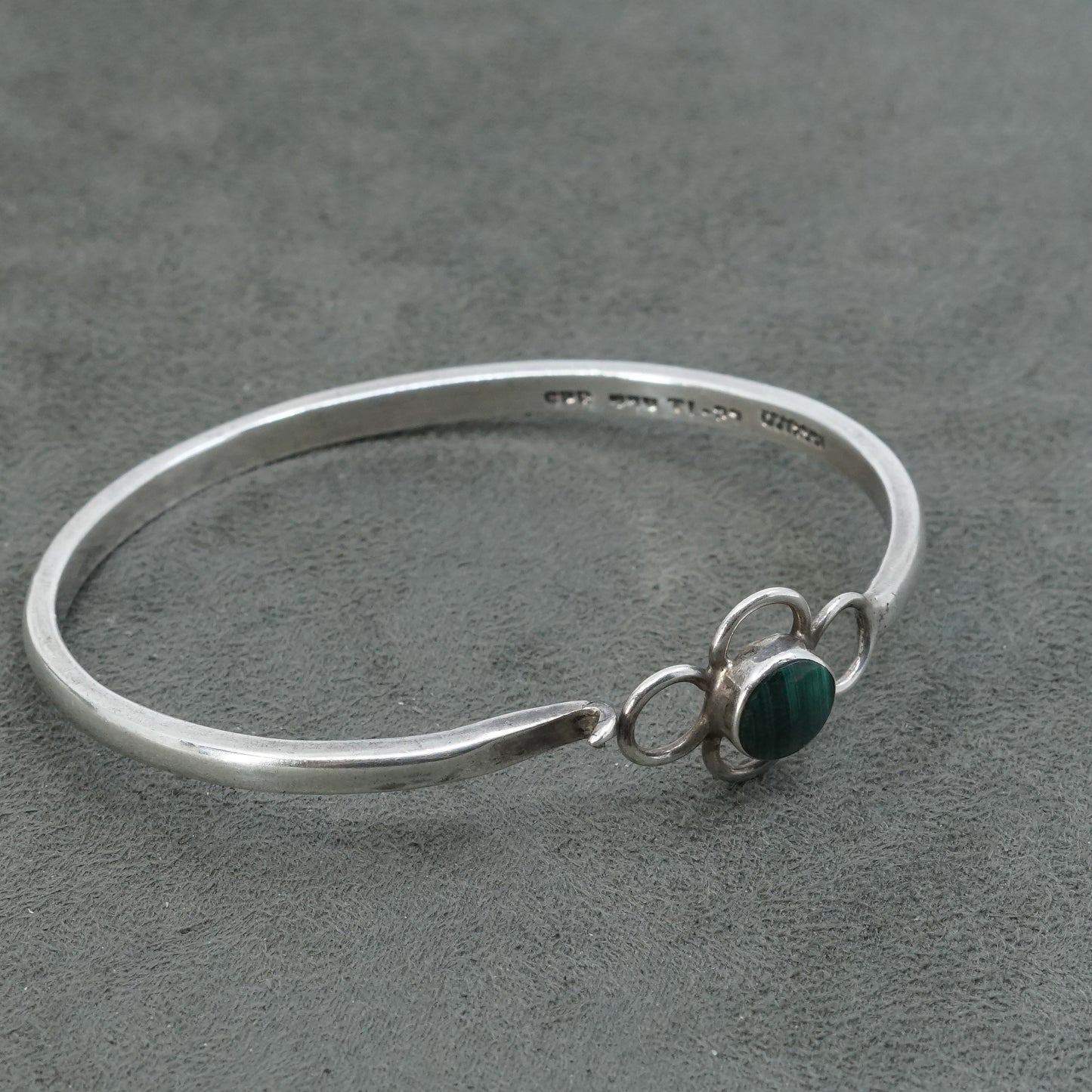 6.75” vtg Sterling silver handmade bracelet, mexico 925 cuff w/ malachite