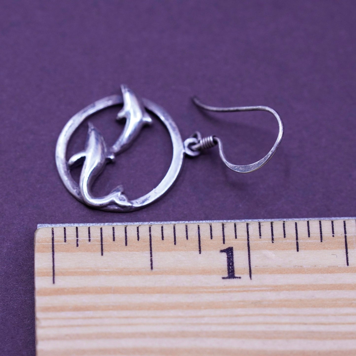 Vintage Sterling silver handmade earrings, 925 dolphin dangle