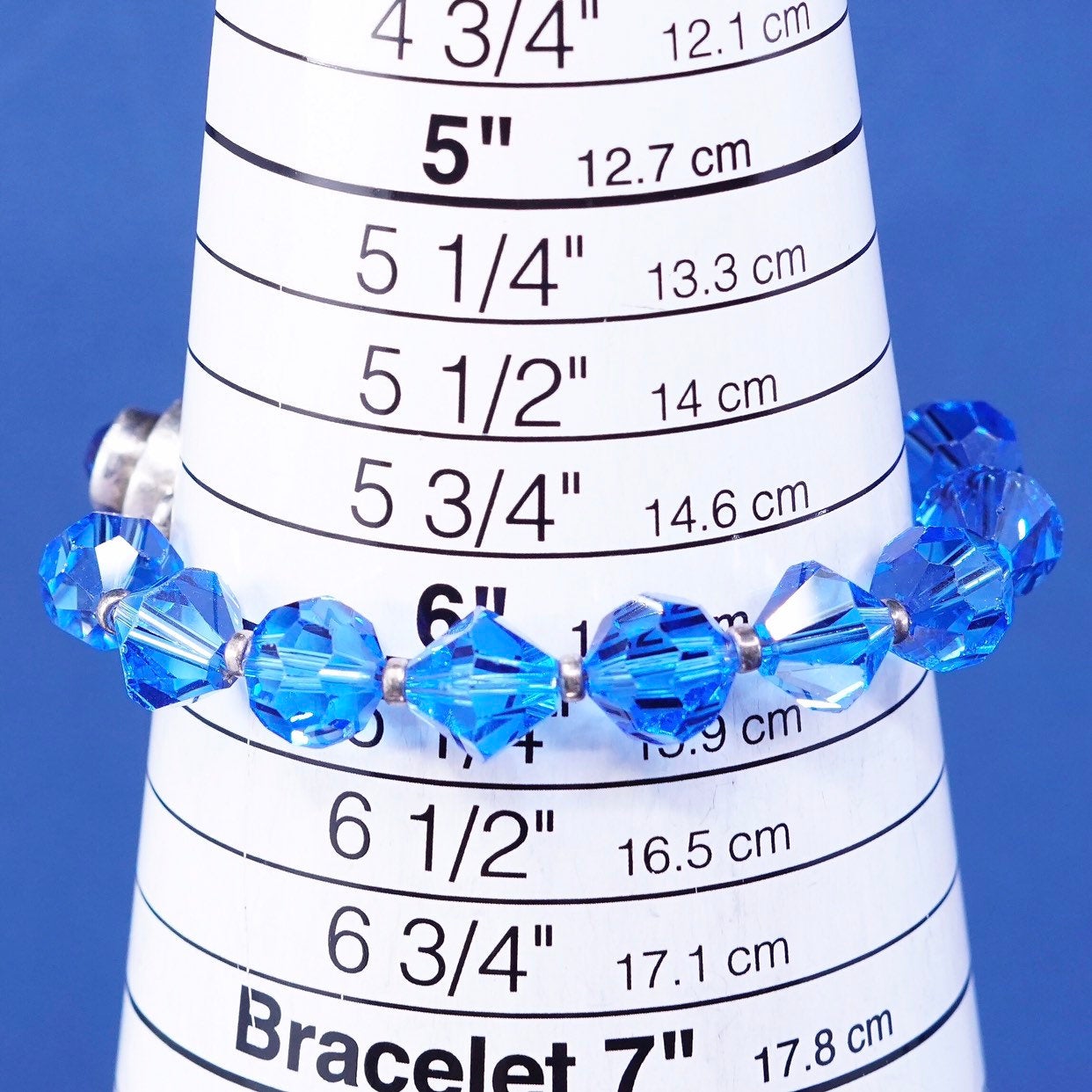 6”, vtg sterling silver handmade bracelet, 925 w/ blue crystal beads