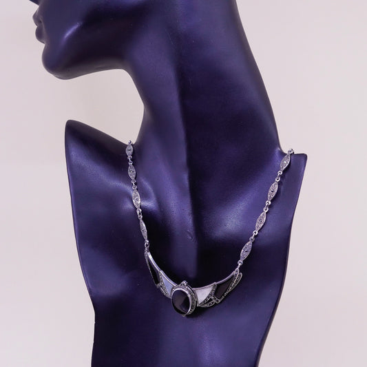 16”, Sterling silver necklace, 925 chain with obsidian MOP pendant marcasite