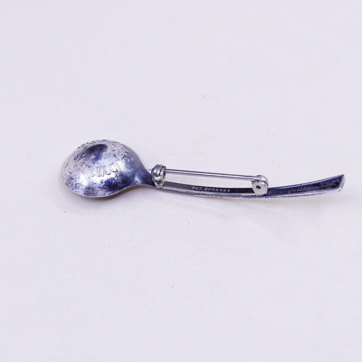 Vintage sterling silver handmade brooch, 925 spoon pin, stamped Sterling fine art