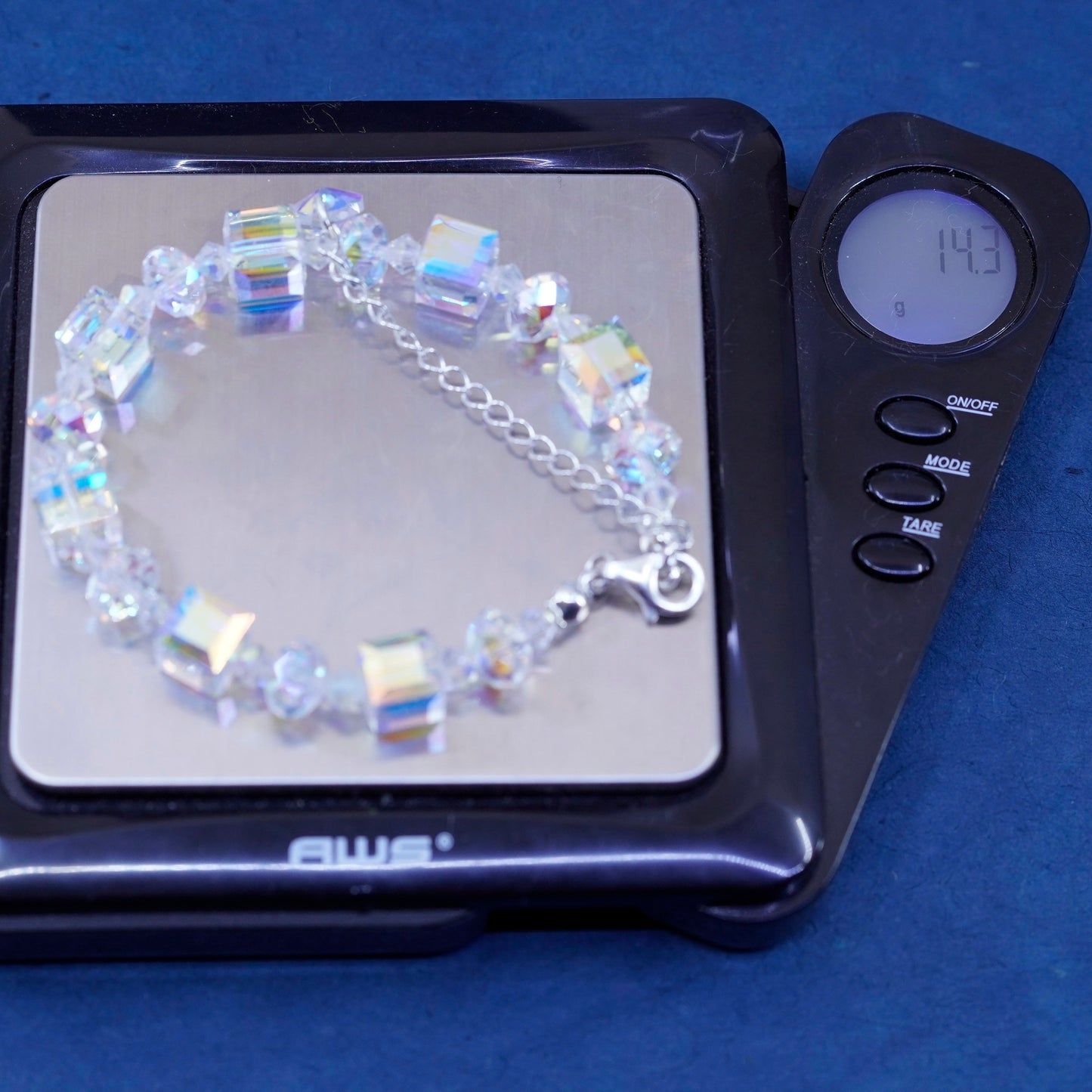 6.5+1”, vintage sterling silver handmade bracelet, 925 clasp with crystal beads