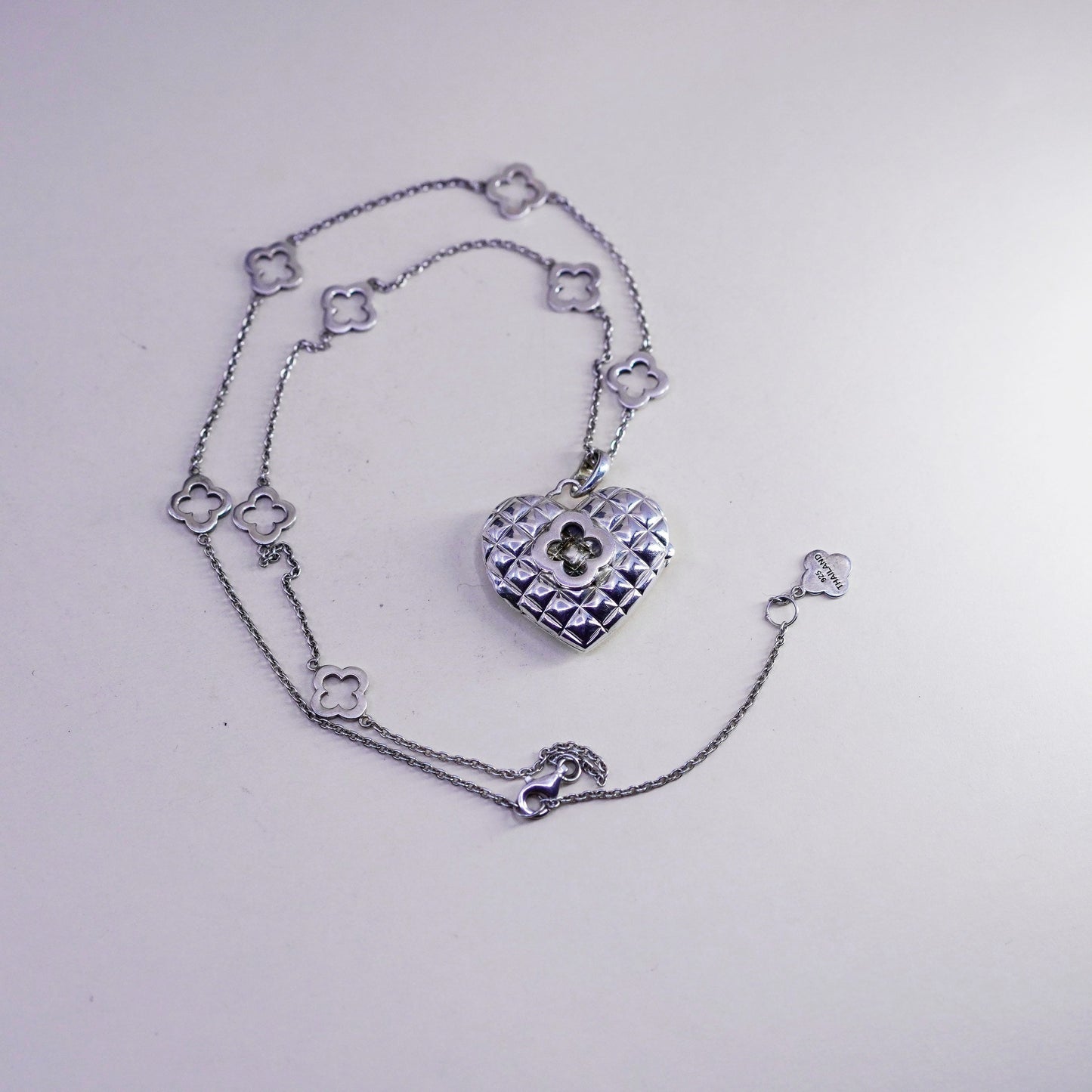18+2”, Heidi Klum sterling silver Clover necklace 925 circle heart photo locket