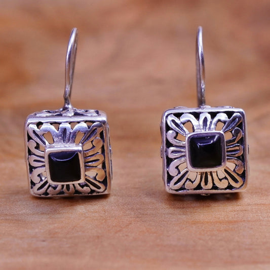 Vintage Sterling 925 silver handmade earrings with square obsidian and beads