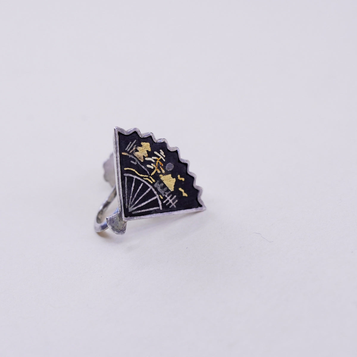 vintage two tone Sterling silver earrings 925 screw back Japanese fan landscape
