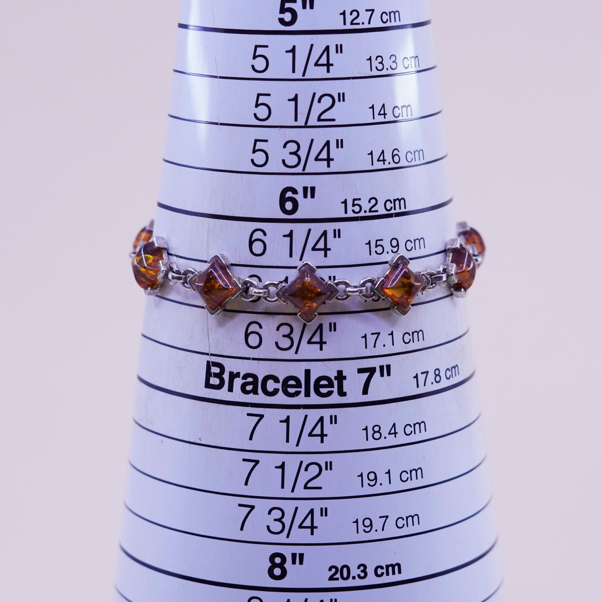 6.5”, Vintage sterling 925 silver handmade tennis bracelet with square amber
