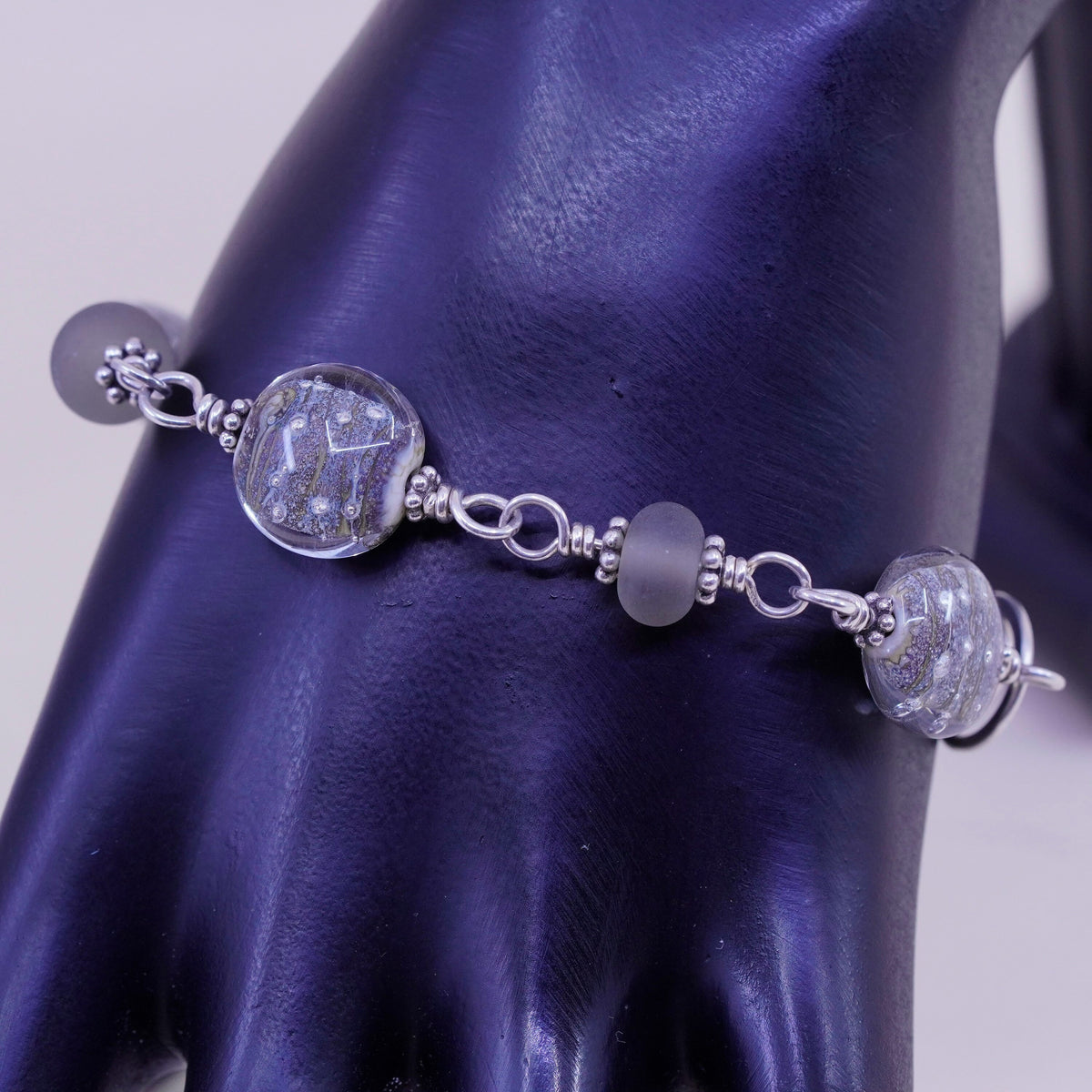 7.25”, vintage 925 Sterling 925 silver beads bracelet with artisan foiled glass