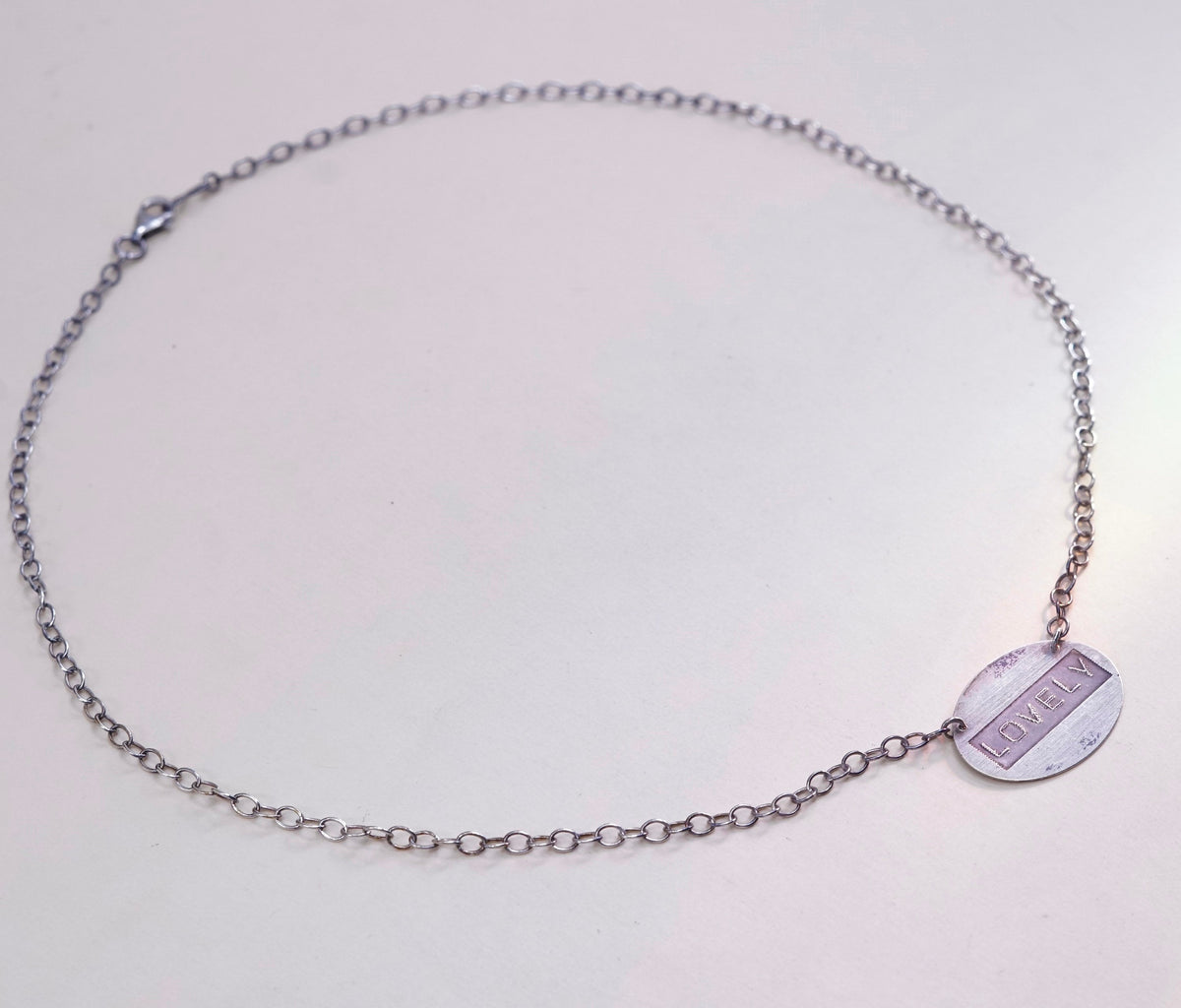 16”, vintage sterling silver handmade necklace, circle tag “lovely” pendant