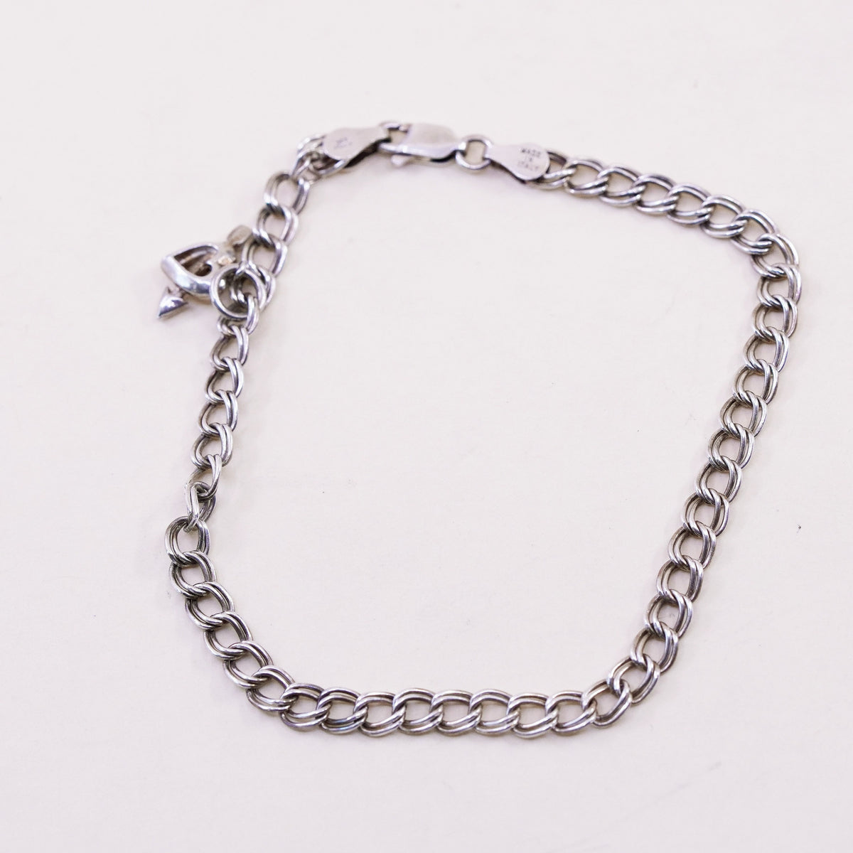 8”, Vintage sterling 925 silver double curb bracelet with arrow heart charm
