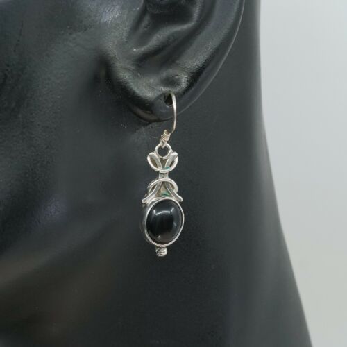 Vintage Sterling Silver Handmade Earrings, 925 Silver Dangles W/ Obsidian Inlay