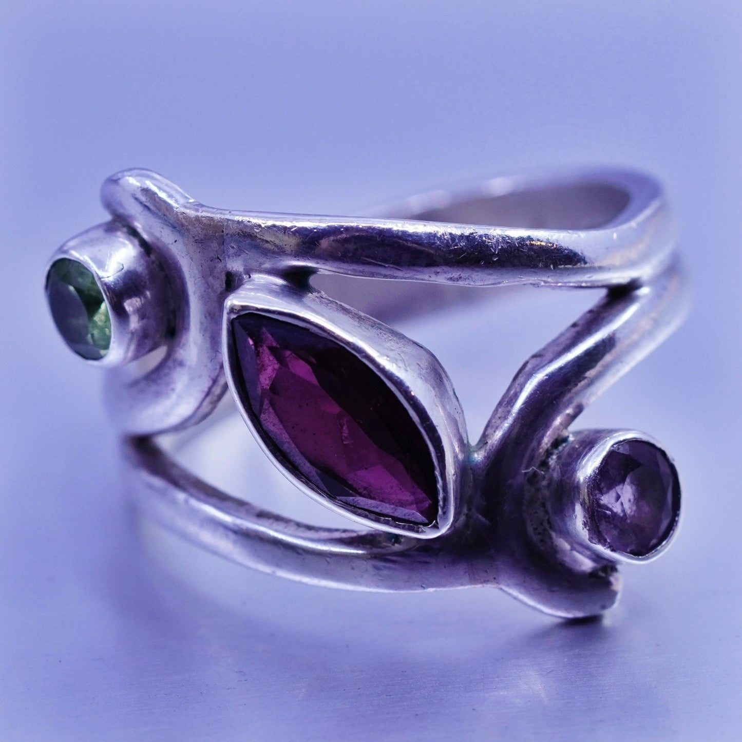 Size 7.5, vintage Sterling 925 silver handmade wide ring amethyst ruby peridot