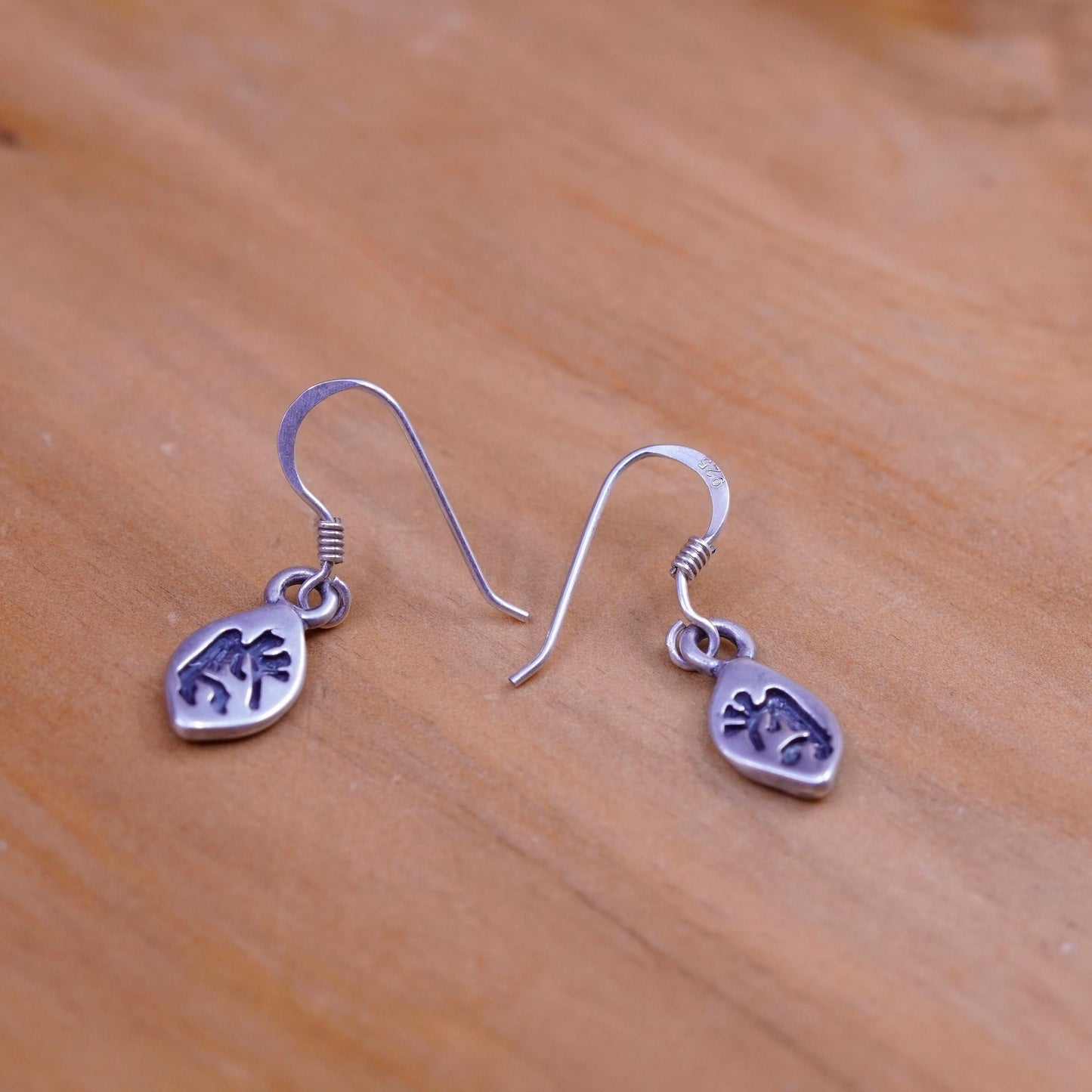 Vintage Native American Sterling silver handmade earrings, 925 Kokopelli drops
