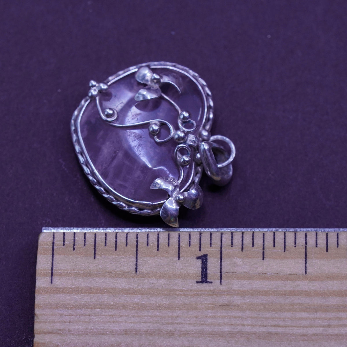 Vintage Sterling silver handmade pendant, 925 heart with pink quartz