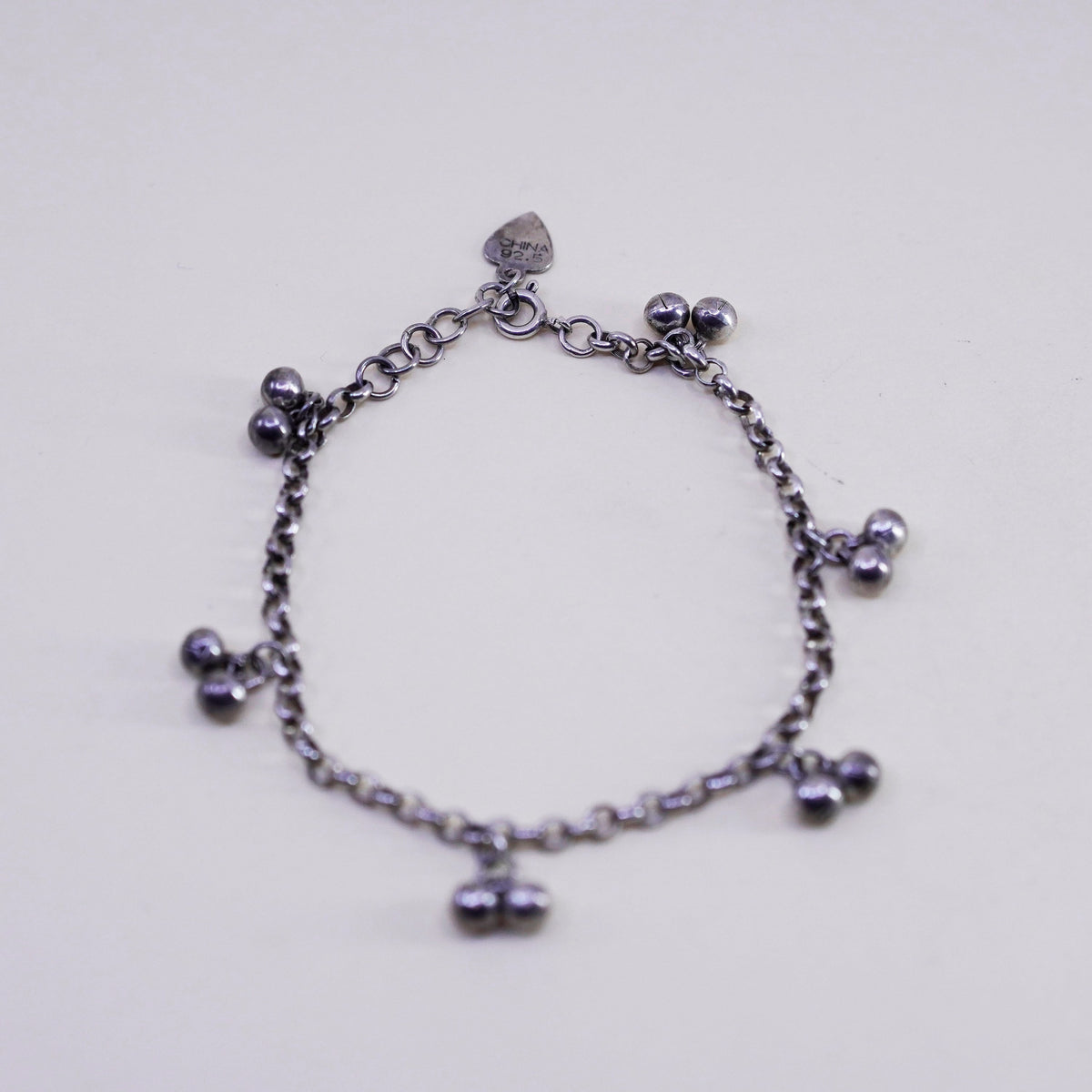 7.75”, Sterling Silver Bracelet, 925 belly dancer chain with chime bell charms
