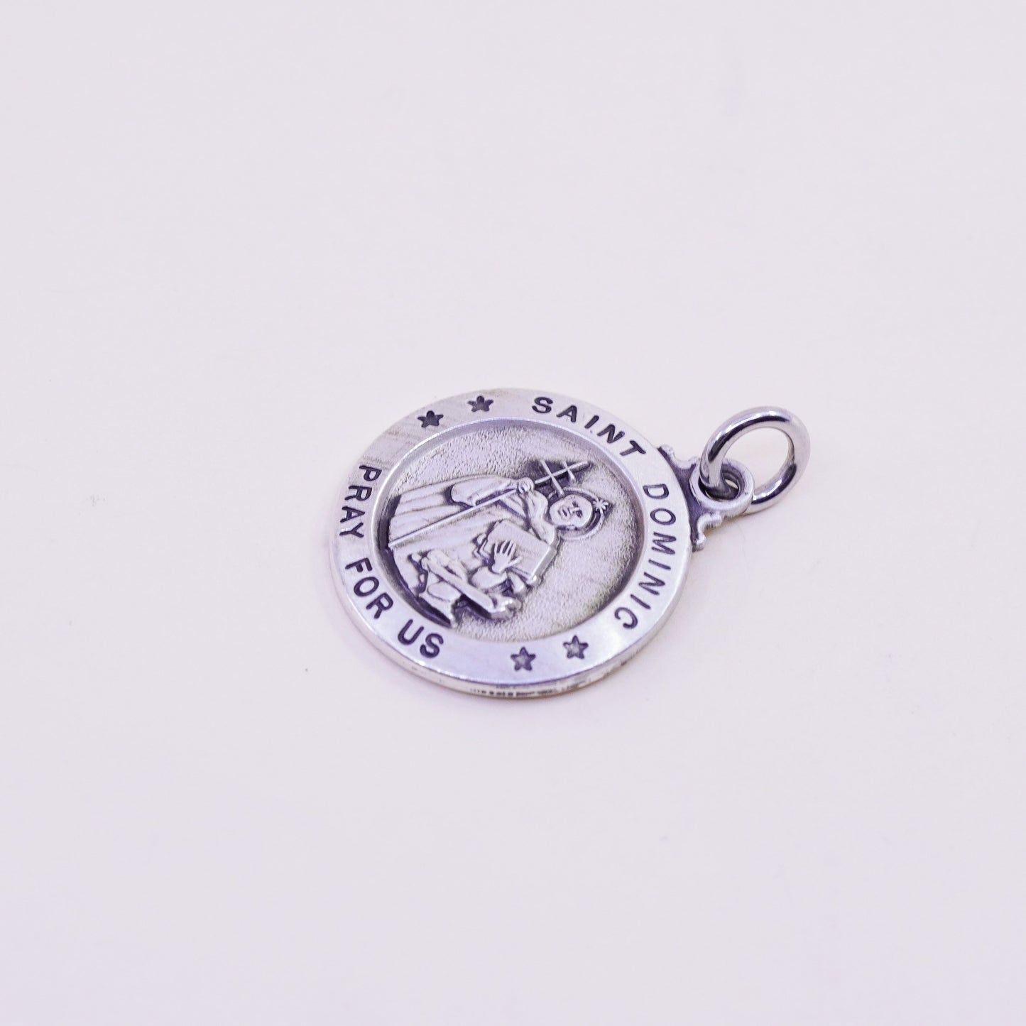 Vintage sterling 925 silver tag charm pendant with “Saint Dominic pray us”