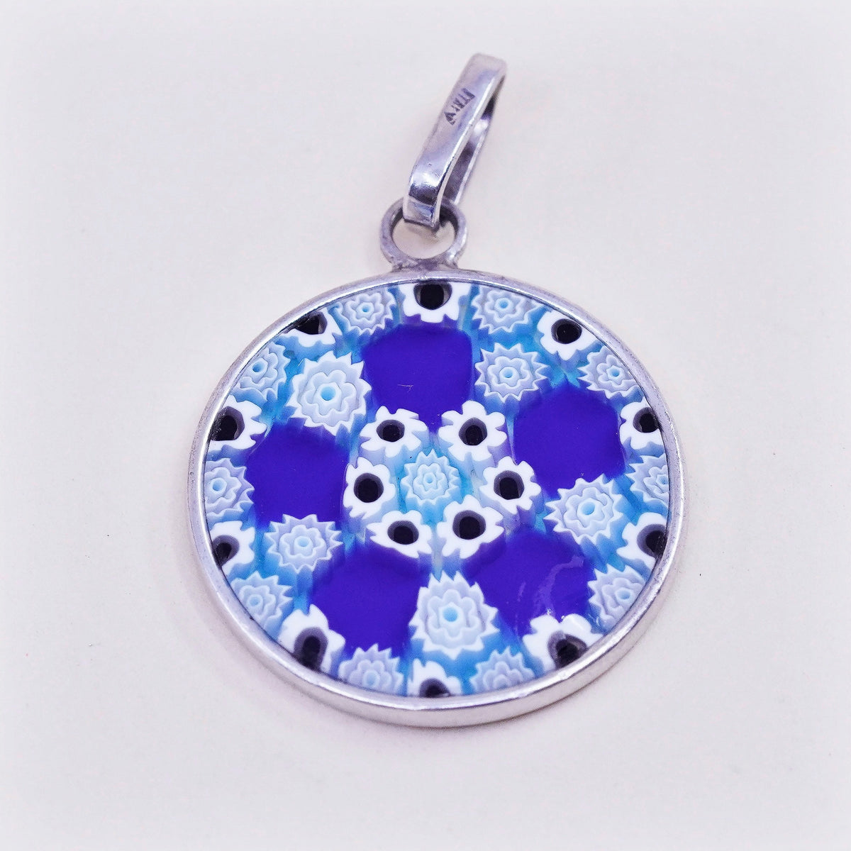 Italy sterling 925 silver handmade artisan blue murano floral glass pendant