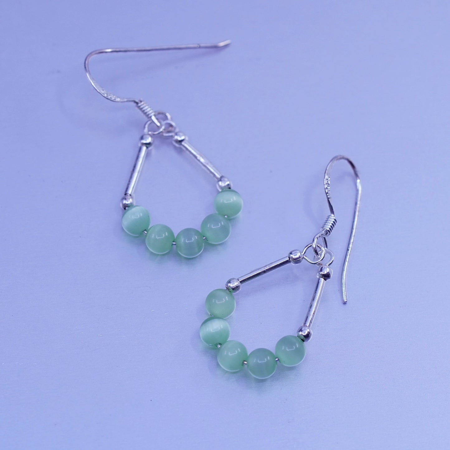 Vintage Sterling 925 silver teardrop earrings with green cats eye beads
