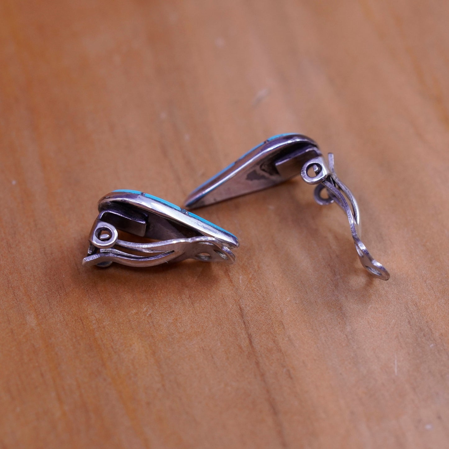 Native American Zuni Sterling 925 silver clip on teardrop earrings turquoise