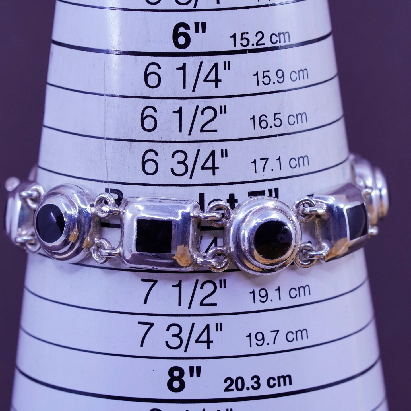 7”, Sterling silver handmade bracelet, Mexico 925 circle square chain with onyx