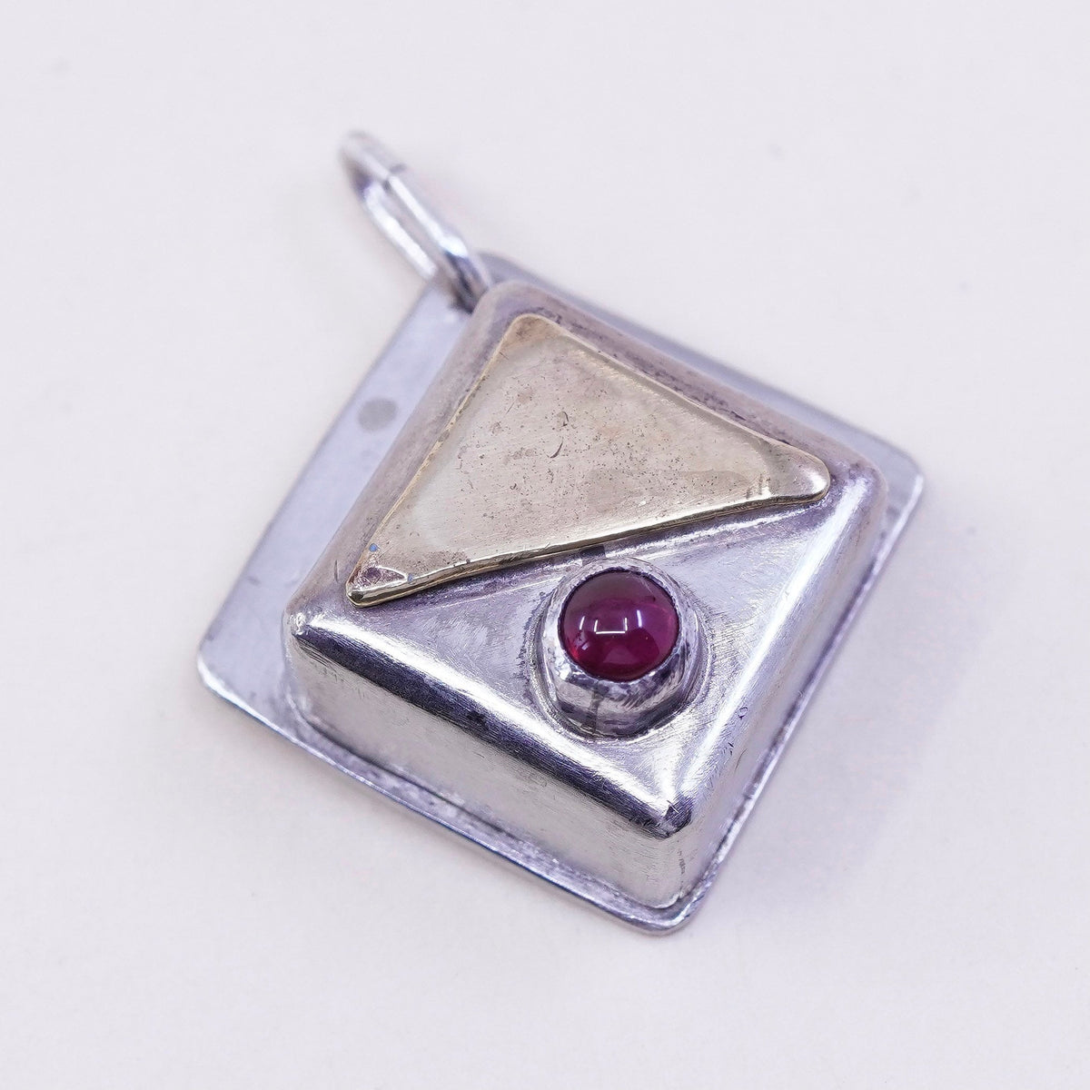 Vintage Sterling silver handmade pendant, Mexican 925 square with garnet brass