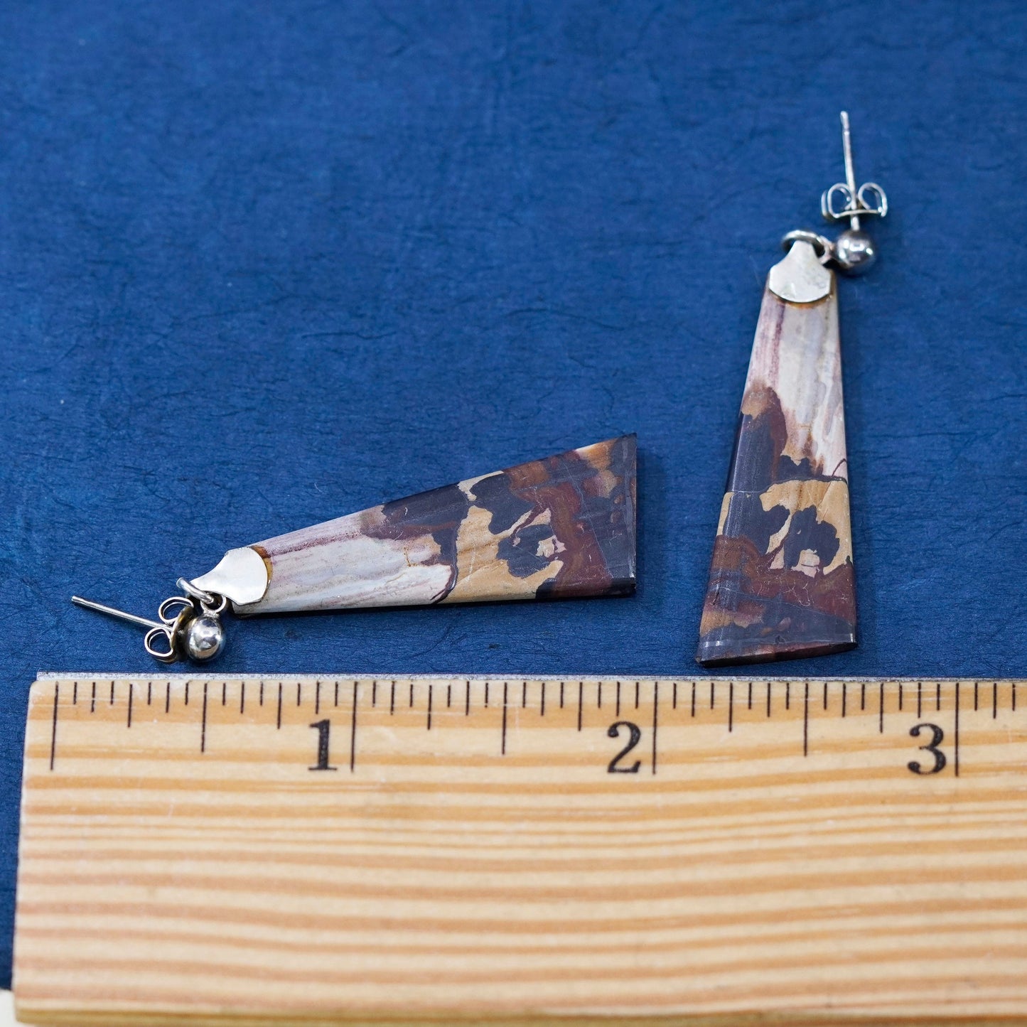 Vintage sterling silver handmade earrings, 925 teardrop wooden drops