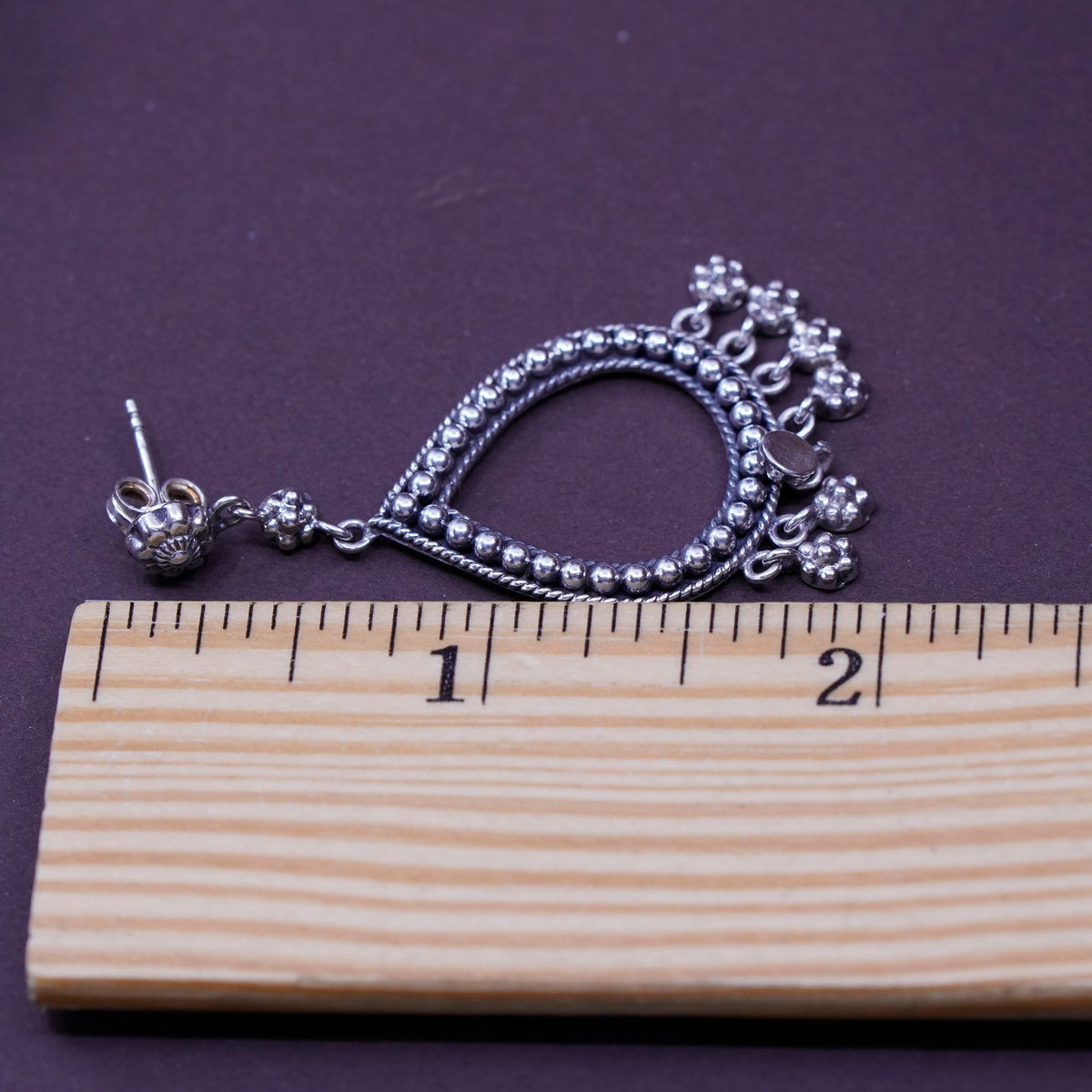 Sterling silver earrings, 925 teardrop with beads details and flower dangles