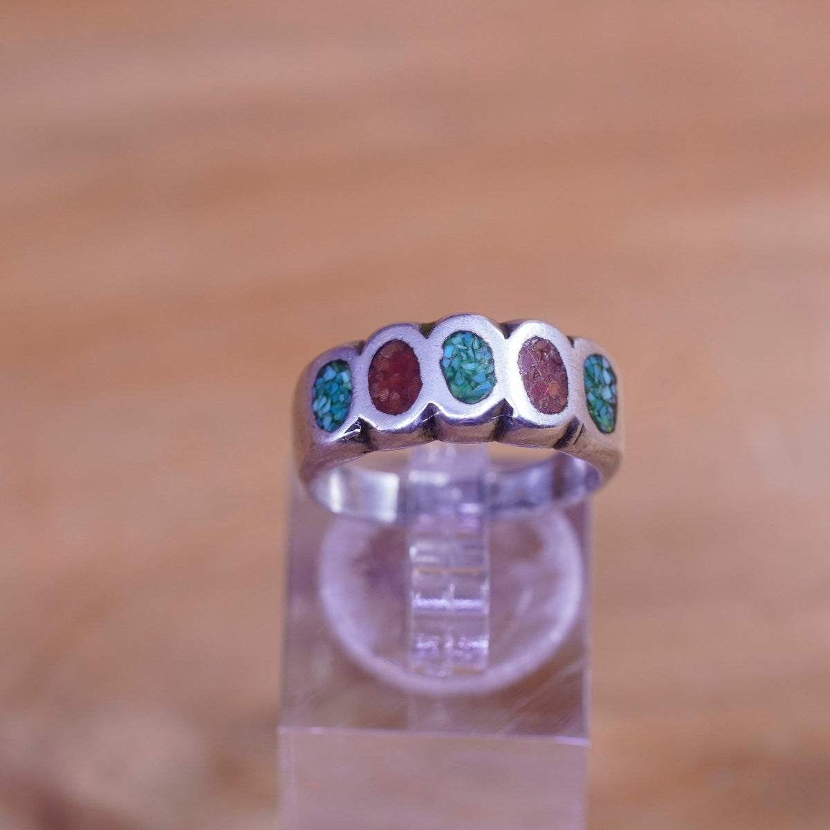 Size 6.25, Sterling silver handmade ring, mexico 925 band turquoise coral