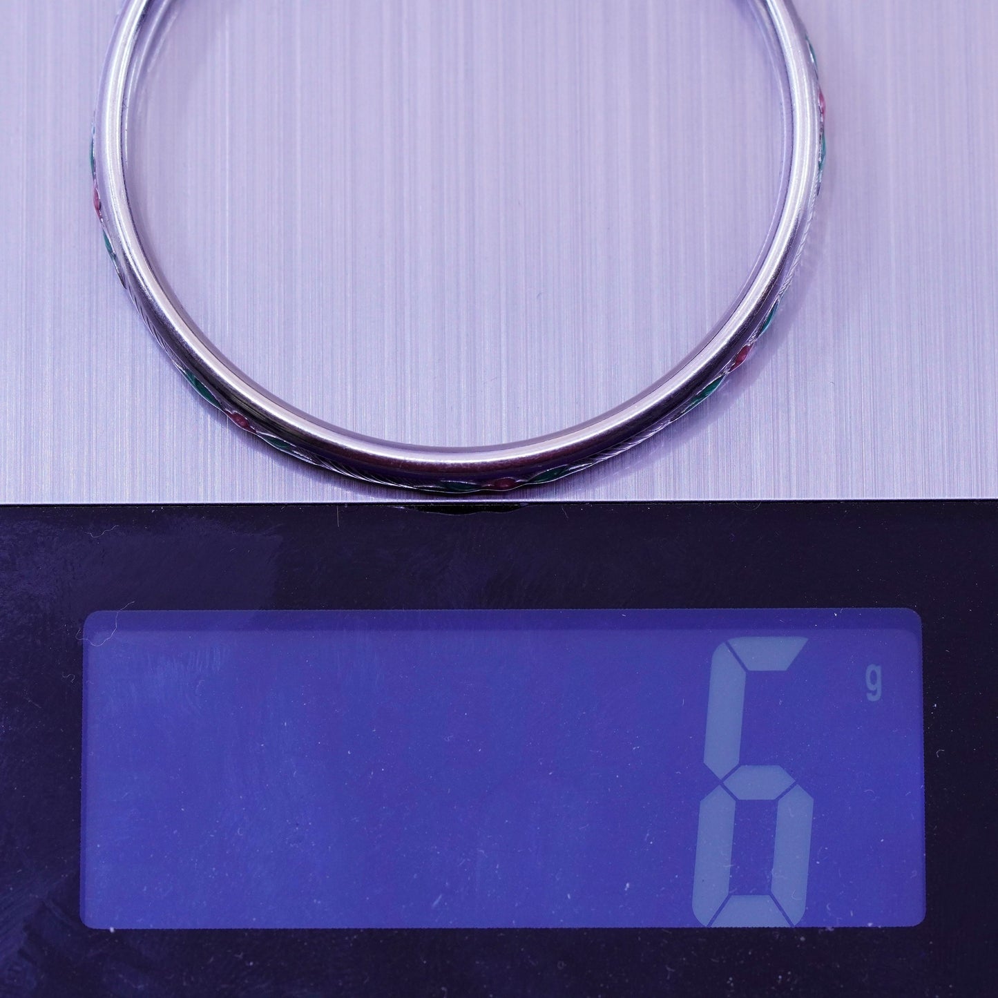 Size 5.25”, Sterling silver baby bracelet, Mexico 925 bangle enamel flower
