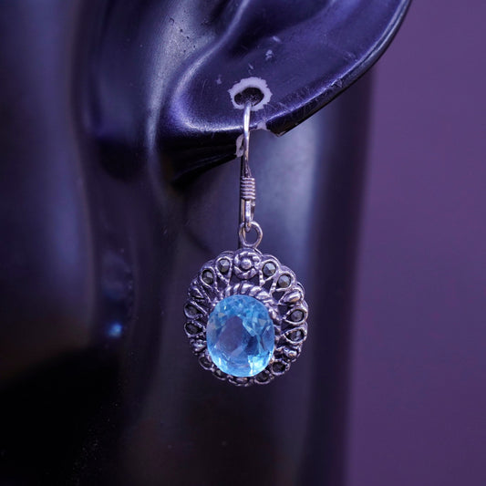Vintage Sterling 925 silver handmade earrings with blue topaz and marcasite