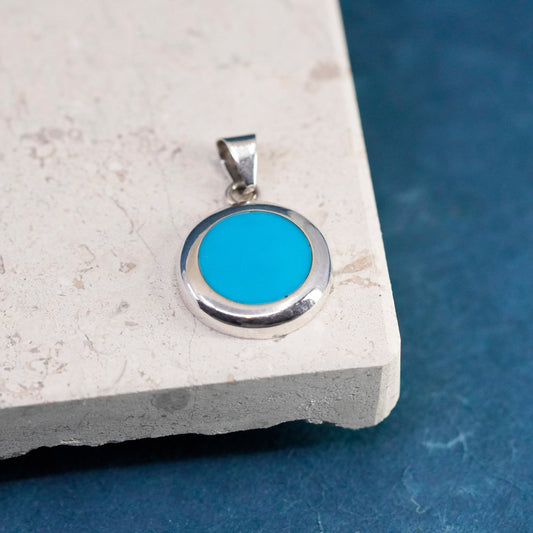 Vintage Sterling 925 silver handmade pendant with round turquoise