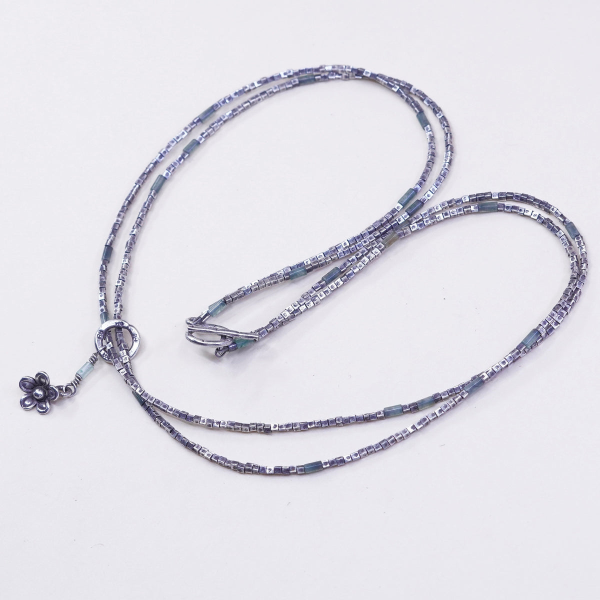18”, Sterling silver double strands necklace 925 nugget chain w/ flower pendant