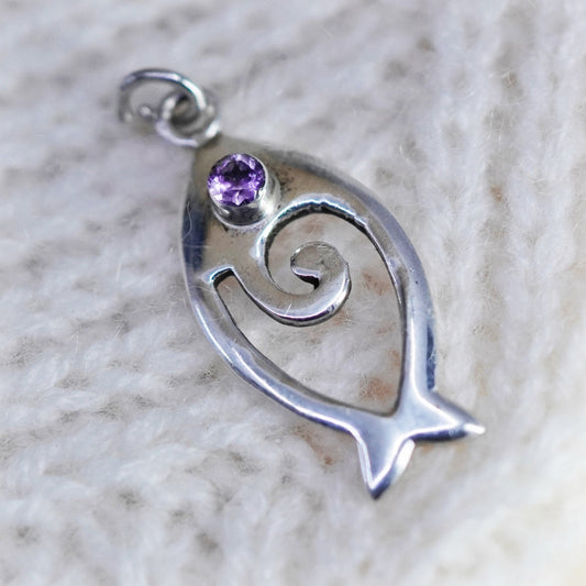 Vintage sterling silver fish bone charm with amethyst, 925 pendant