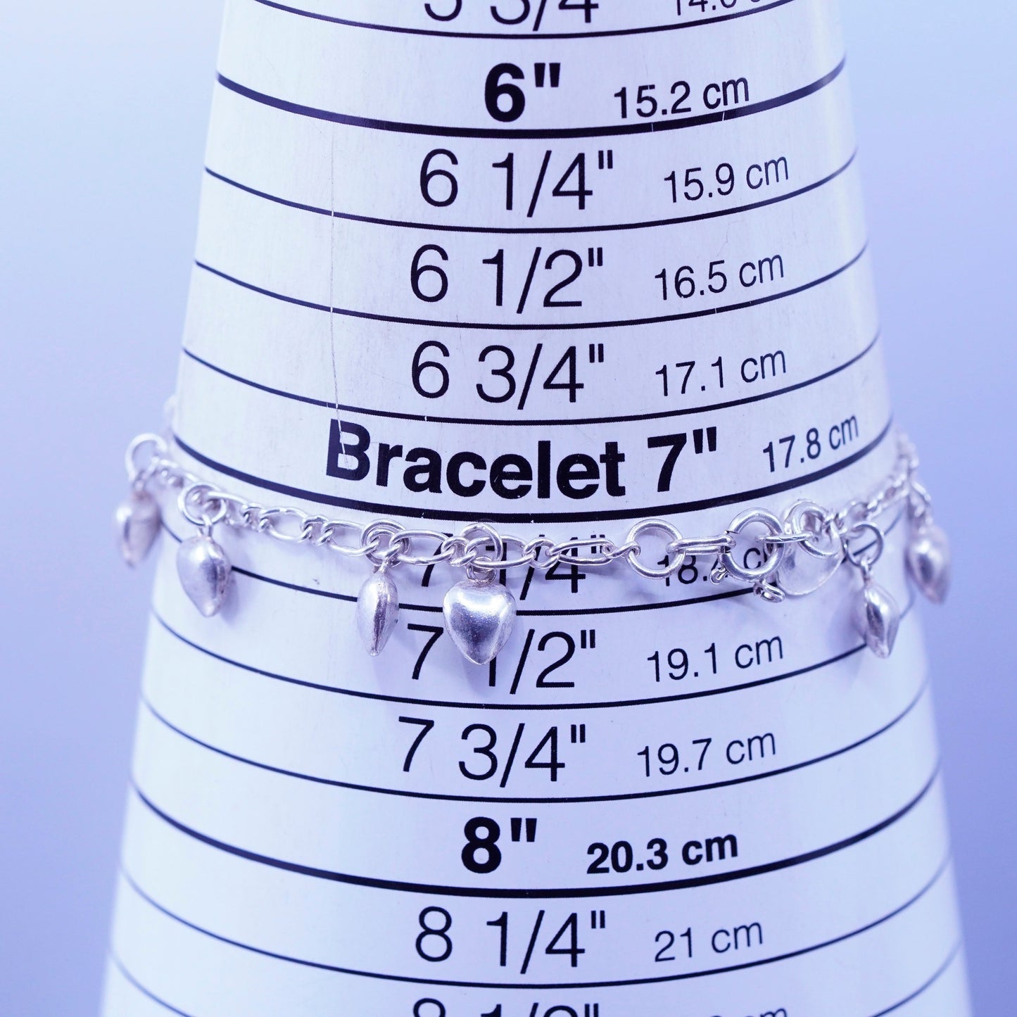 7.25”, vintage Sterling 925 silver handmade bracelet, figaro chain heart charms