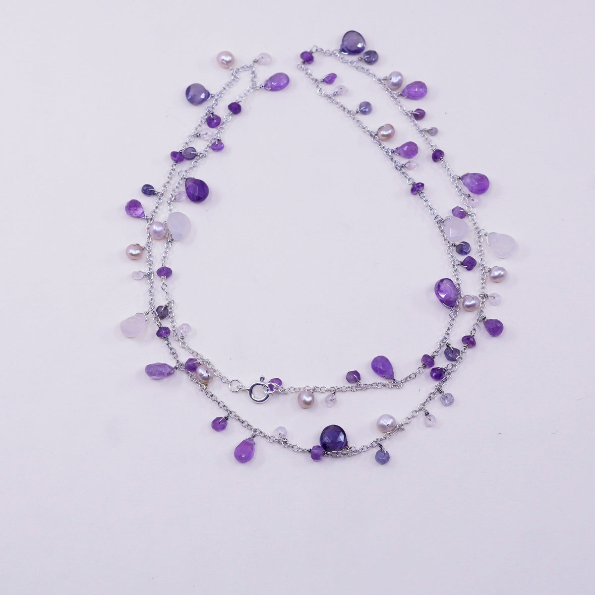 23”, Sterling silver handmade necklace, 925 circle chain amethyst quartz beads