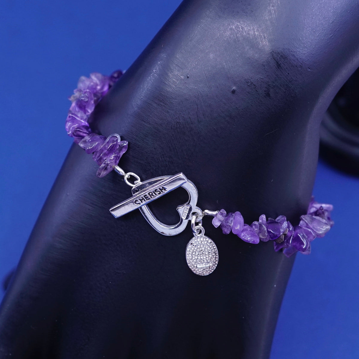 Adjustable, Vintage handmade sterling 925 silver bracelet with amethyst beads