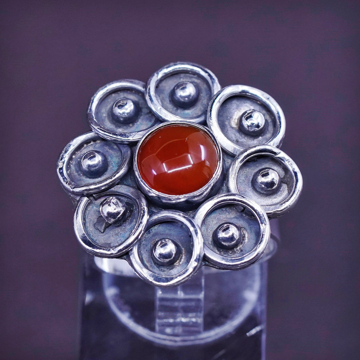 Size 6.5, vintage Sterling silver handmade flower ring with carnelian