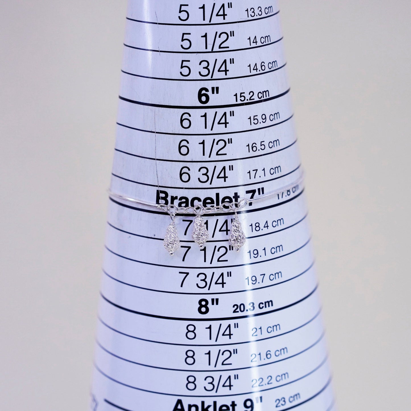 7”, vintage Sterling silver bracelet, 925 snake chain filigree teardrop charm