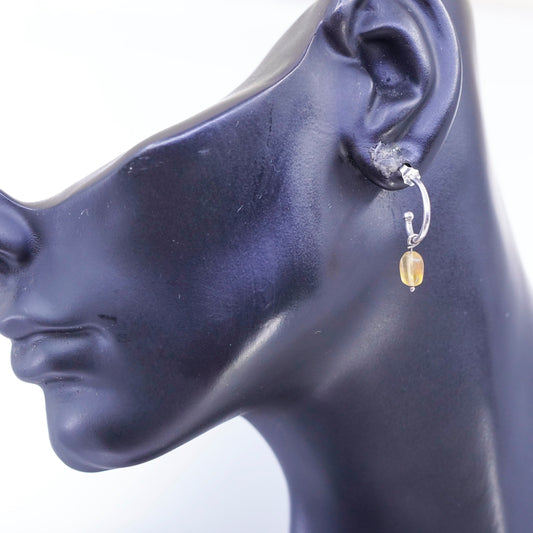 0.75”, vintage Sterling silver handmade earrings, 925 hoops w/ citrine dangles