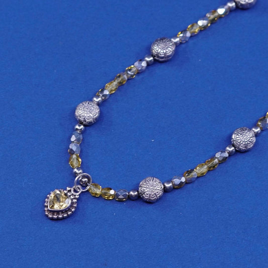 19”, vintage Sterling silver handmade necklace, 925 beads w/ citrine pendant