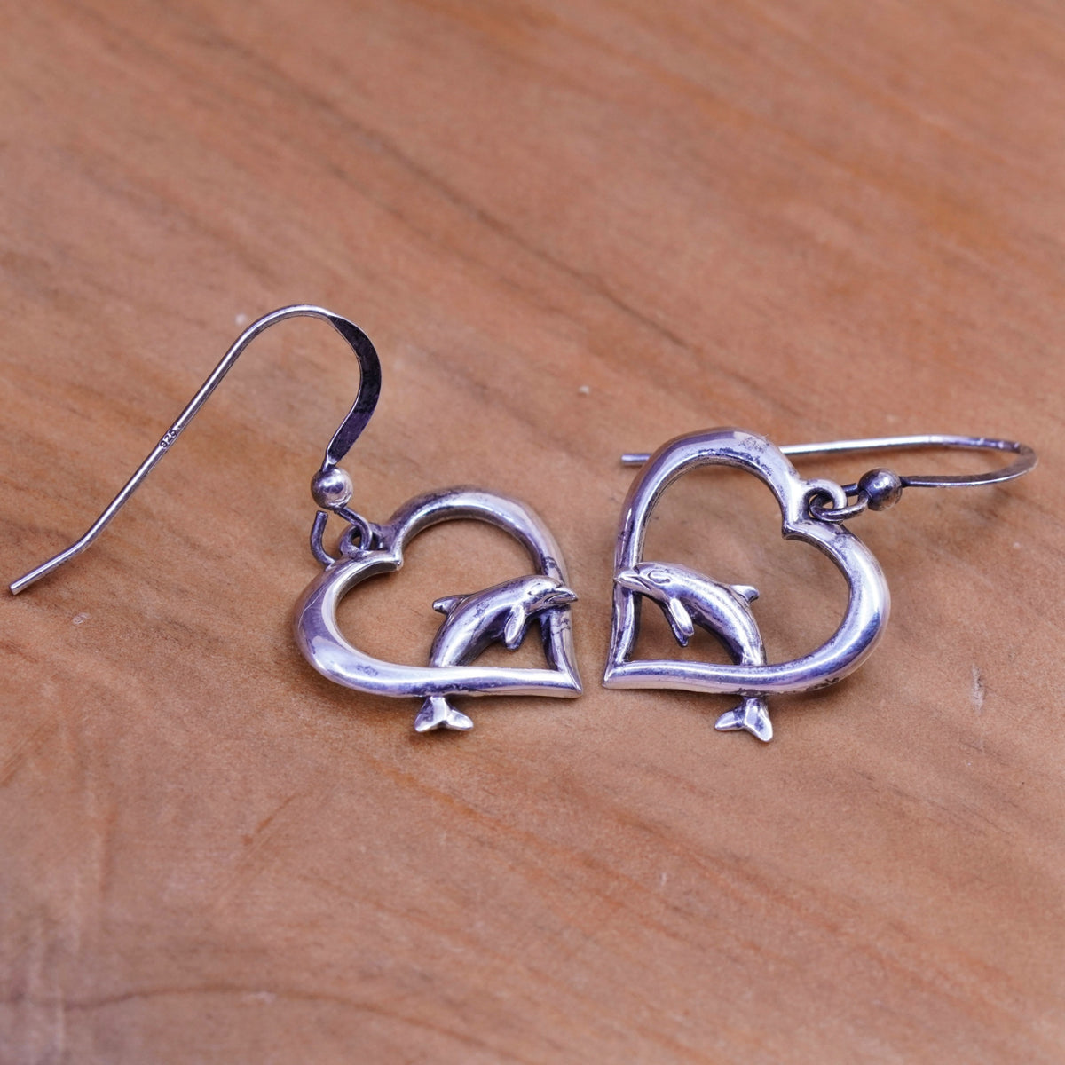 Vintage Sterling silver handmade earrings, 925 heart drops with dolphin